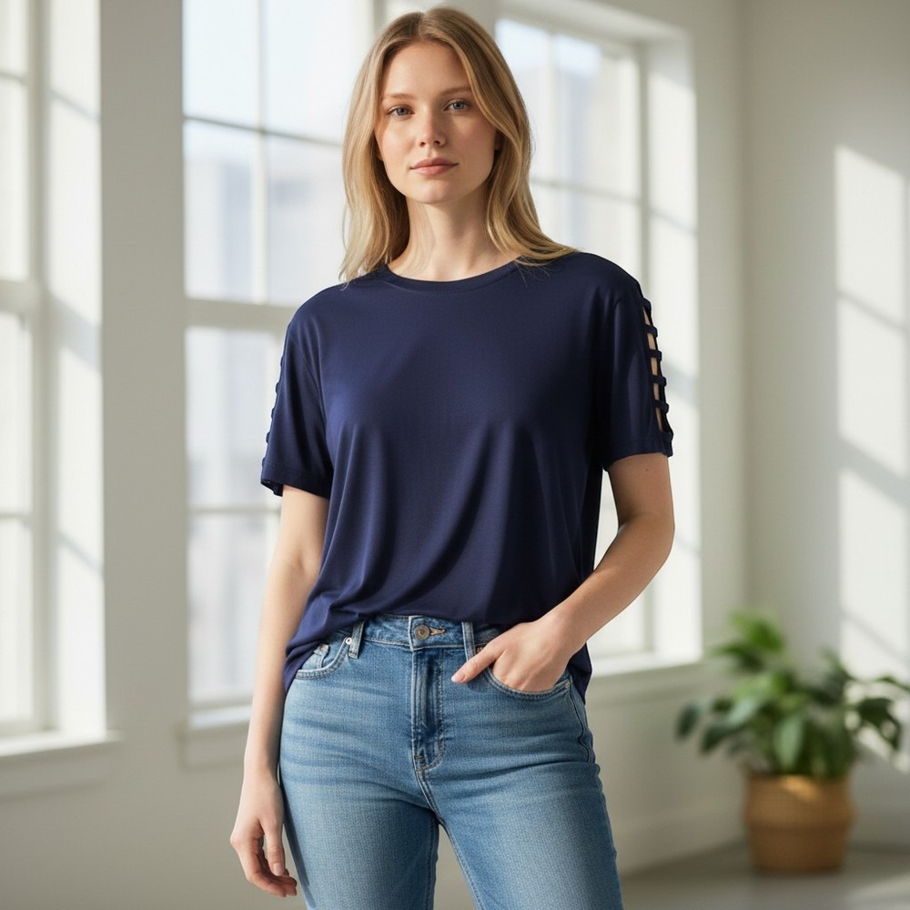 Michael Michael Kors Navy Blue Ladder Cutout Sleeve Scoop Neck Top Blouse Large